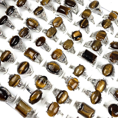 Wholesale Jewelry 20Pcs Natural Tiger Eye Stone Gemstone Silver Plated Rings