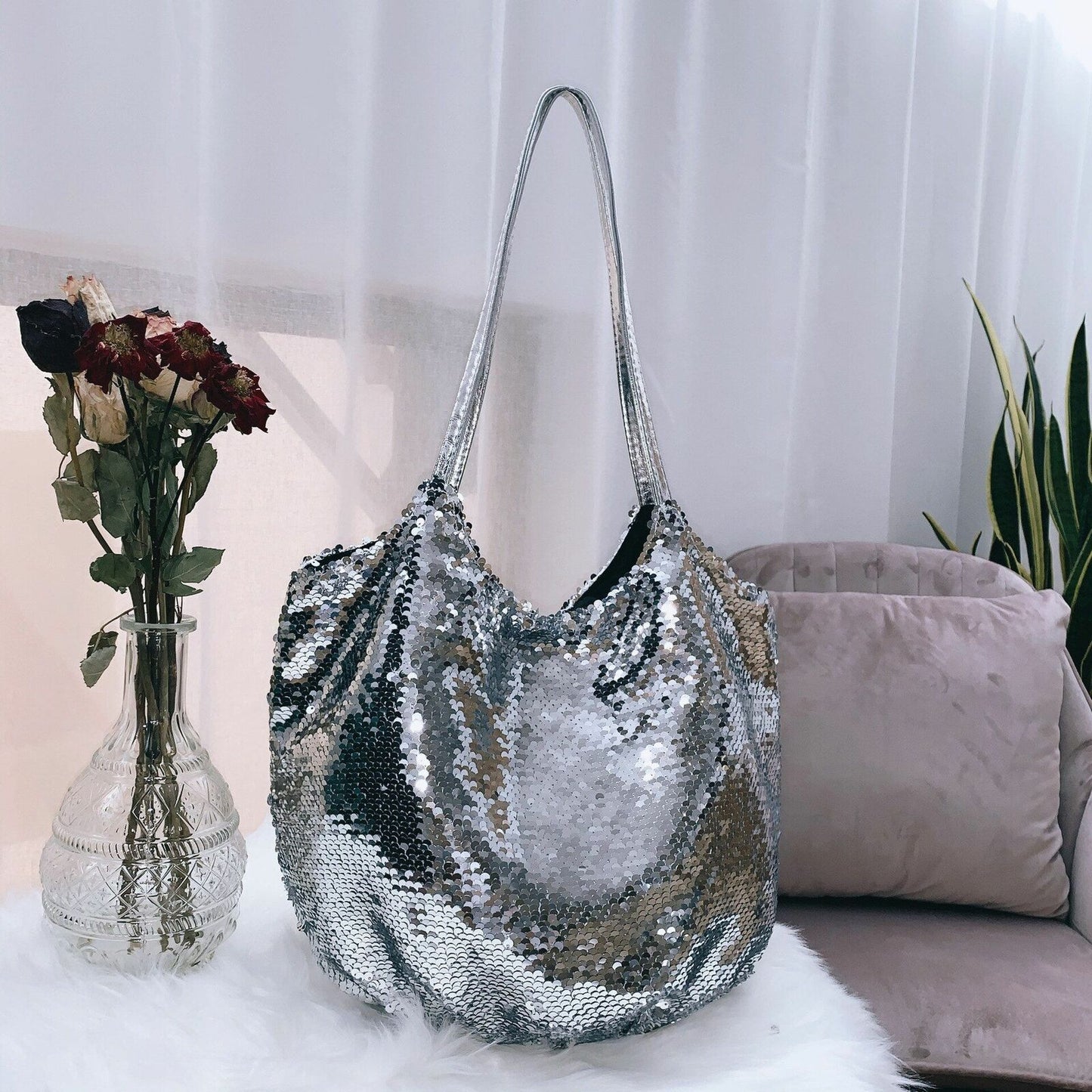 Women Shoulder Bag Large Capacity Sequin Diagonal Soft Handbag Polyester 22x26cm