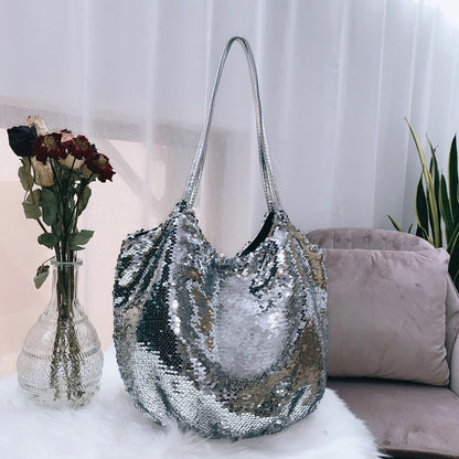 Women Shoulder Bag Large Capacity Sequin Diagonal Soft Handbag Polyester 22x26cm