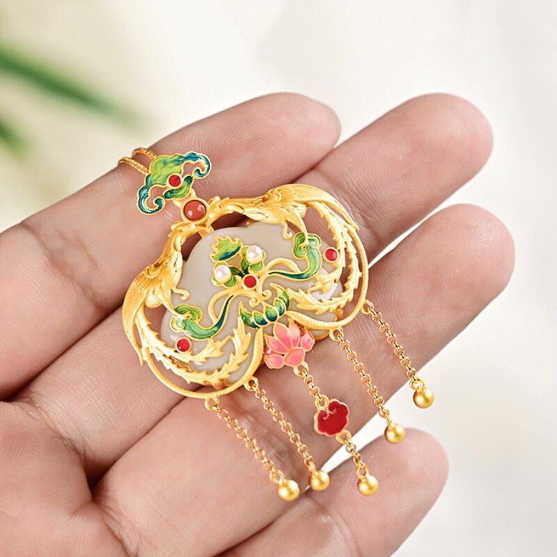 Natural Haitian Jade Palace Style Enamel Porcelain Phoenix Pendant Luxury Tassel -