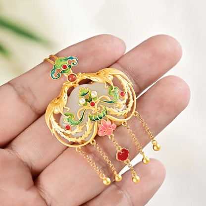 Natural Haitian Jade Palace Style Enamel Porcelain Phoenix Pendant Luxury Tassel -