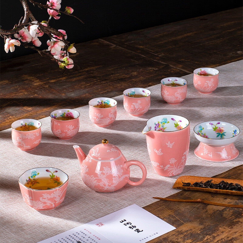 Chinese Tea Set Porcelain Tea Pot Floral Print Gaiwan Cup Pitcher Strainer New