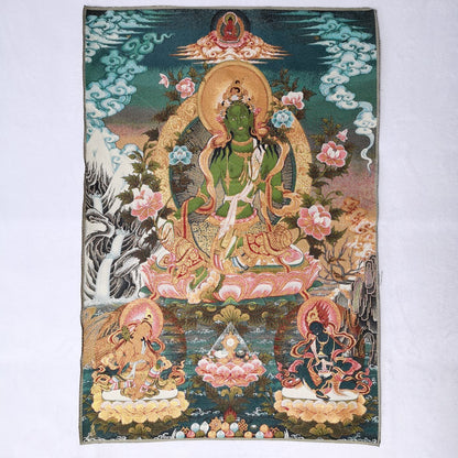 36" Tibet Tibetan Cloth Silk Buddhism Green Tara Guanyin Tangka Thangka Mural 03