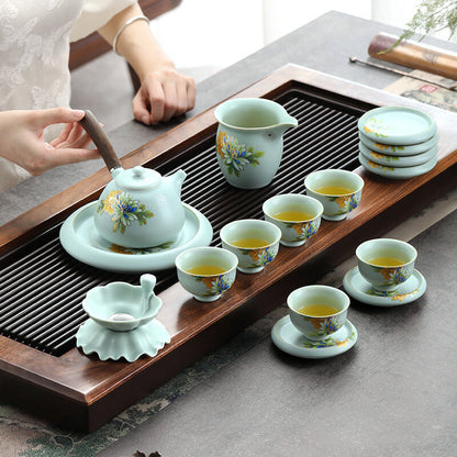 Health Care Pure Silver Inside Tea Cup Porcelain Ruyao Floral Tea Saucer Tea Set