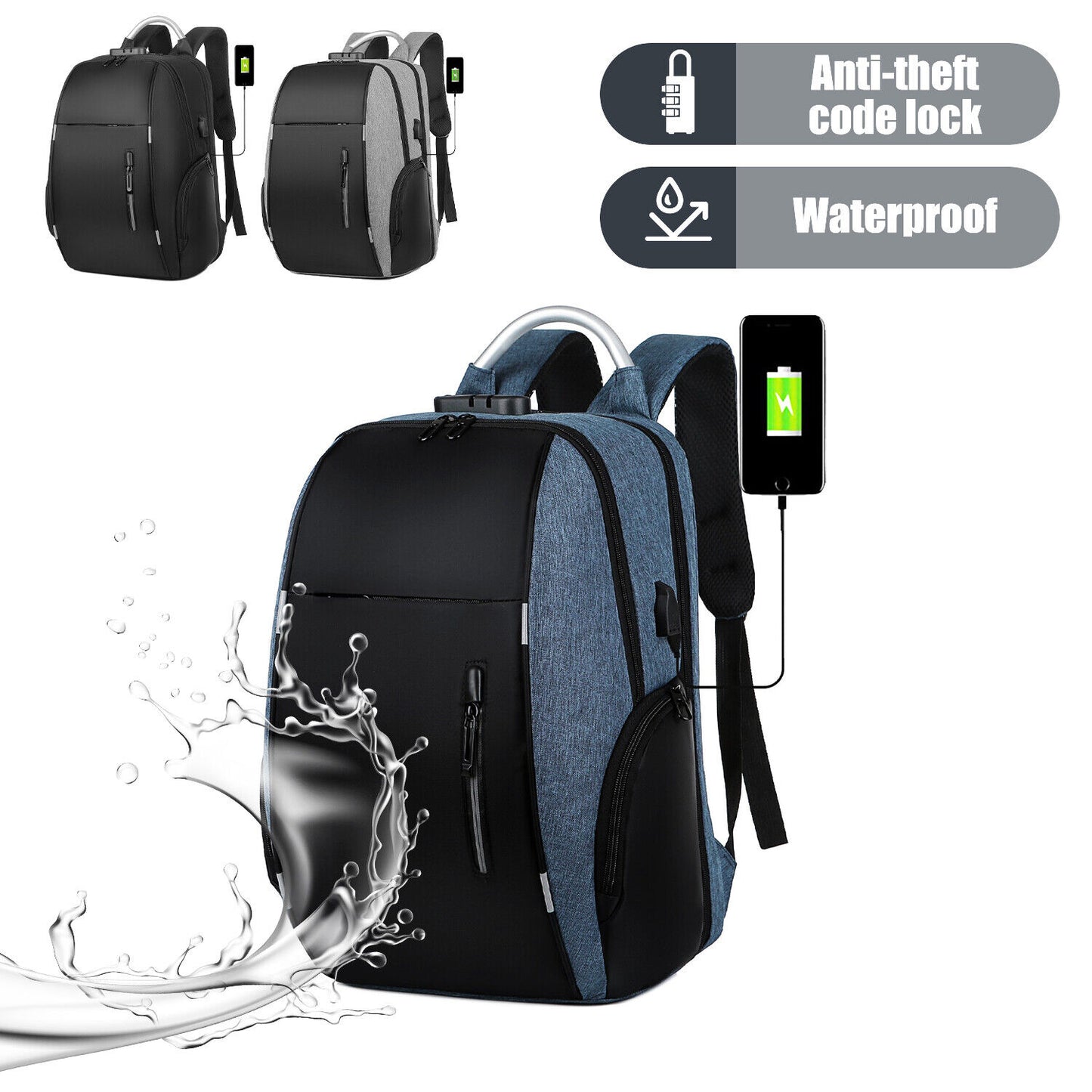 Men Backpack USB Charging Waterproof Laptop Shoulder Bag Travel School Rucksack