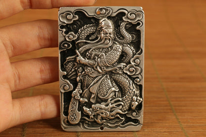 Old Chinese tibet silver handcarved guan gong dragon pendant