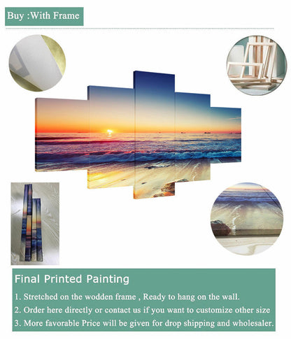 Sunset Ocean Huge Waves Sea Water 5 Panel Canvas Print Wall Art Poster Decor