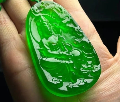 Natural Burmese Jade Imperial Green Dragon Guanyin Pendant Necklace Carving