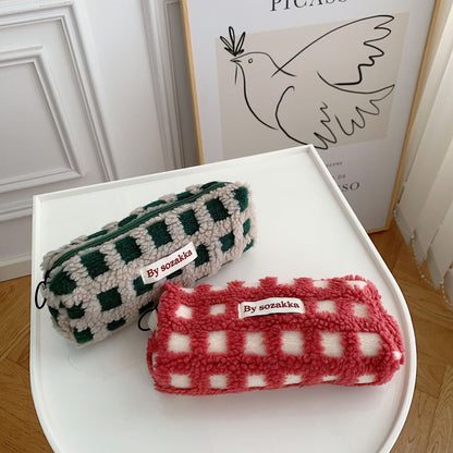 Plush Travel Cosmetic Purse Storage Bag Makeup Handbag Pencil Case Plaid Bag 1PC