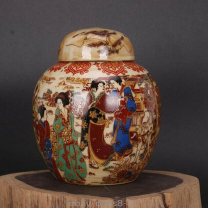 Old Chinese Porcelain Color Hand Painted Kimono Beauty Jar Pots Tea Caddy Crafts