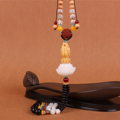 Boxwood Carved Lotus Buddha Guanyin Car Pendant Figurines Hanging Decor