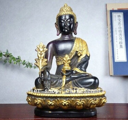 5" Old Purple Colored Glaze Gilt Menla Medicine Shakyamuni Buddha Lotus Statue