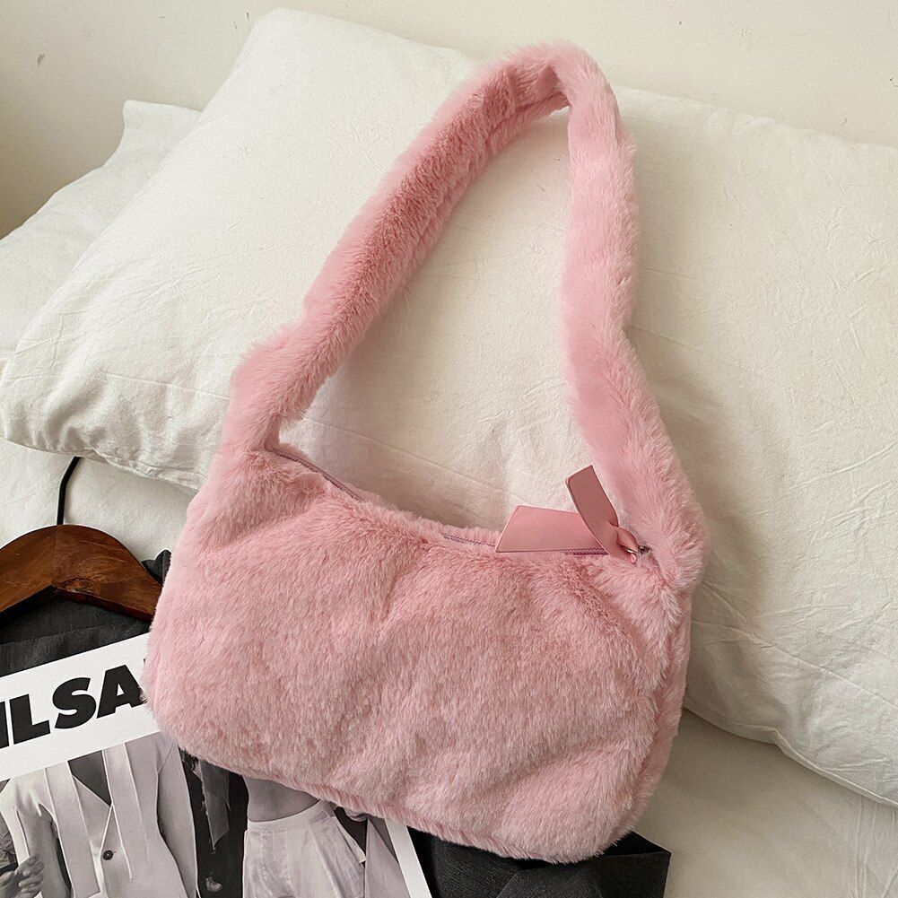 Fluffy Shoulder Bag Vintage Underarm Pouch Square Travelling Purse 22*14*7CM 1PC