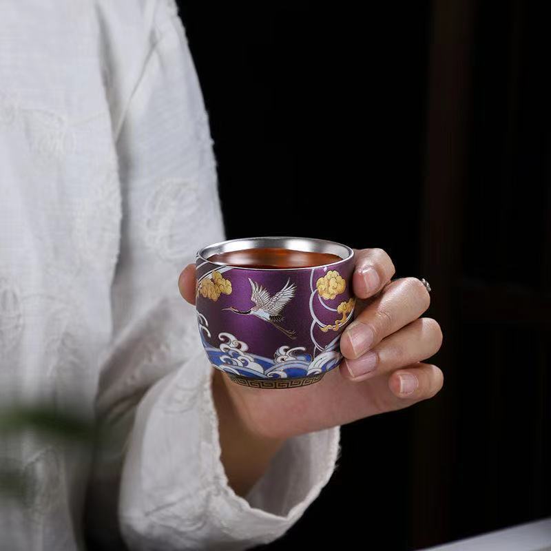 Ceramic Tea Cup Sterling Silver Master Cup Crane Print Chinese Kungfu Cup Of Tea
