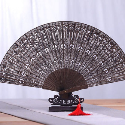 Red Sandalwood Suzhou Fan Hollow Peacock Feather Folding Fan with Stand