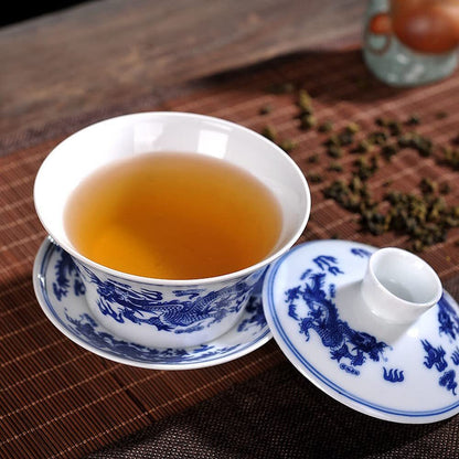 250ml Jingdezhen Blue White Porcelain Dragon Pattern Gaiwan Tea Bowl Kung Fu Tea