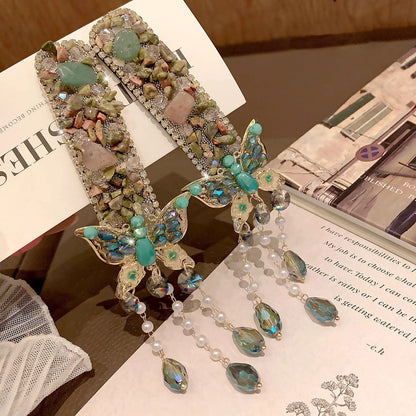 Irregular Stone Butterfly Tassel Crystal Hair Clips (2 Pack)