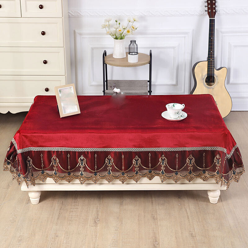 Rectangle Table Cover Cloth Velvet Embroidered Lace Trim Tablecloth Decor Luxury