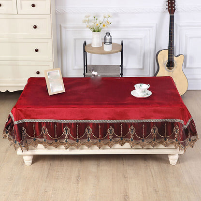 Rectangle Table Cover Cloth Velvet Embroidered Lace Trim Tablecloth Decor Luxury