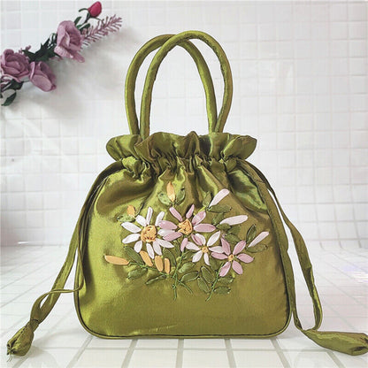 Women Ethnic Embroidered Floral Satin Handbag Girls Drawstring Tote Hanfu Bag