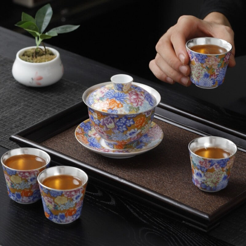 Enamel Craft Complete Tea Set Pure Silver Porcelain Gaiwan Tea Pot Cup Pitcher