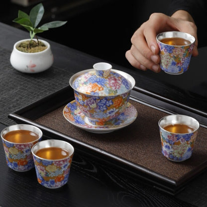 Enamel Craft Complete Tea Set Pure Silver Porcelain Gaiwan Tea Pot Cup Pitcher