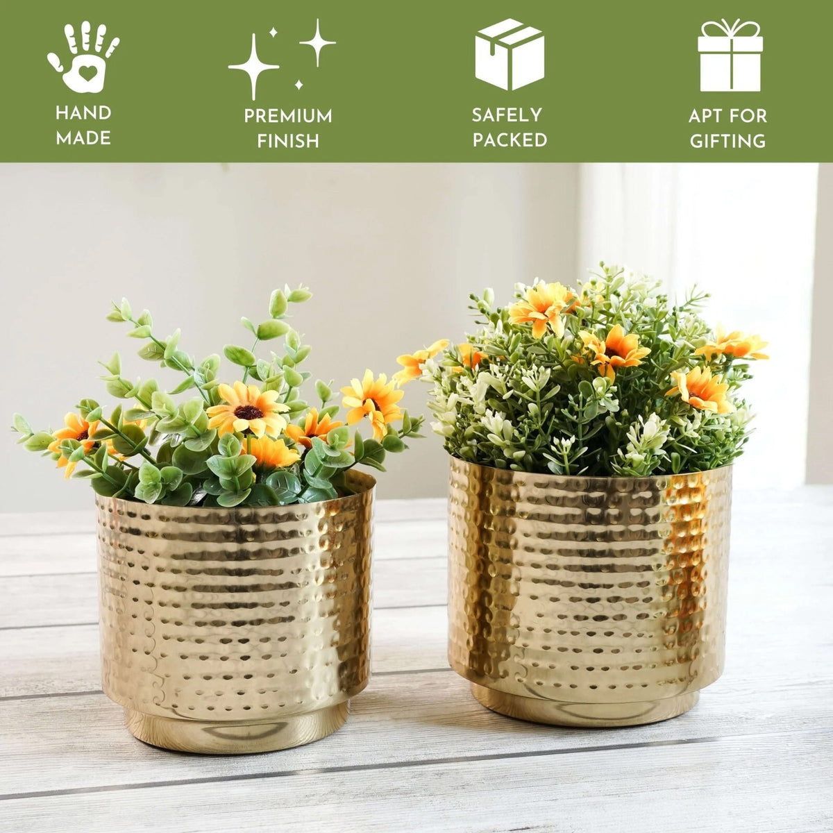 1/2 Gallon and 2/5 Gallon Hammered Gold Color Metal Pots for Indoor / Tabletop