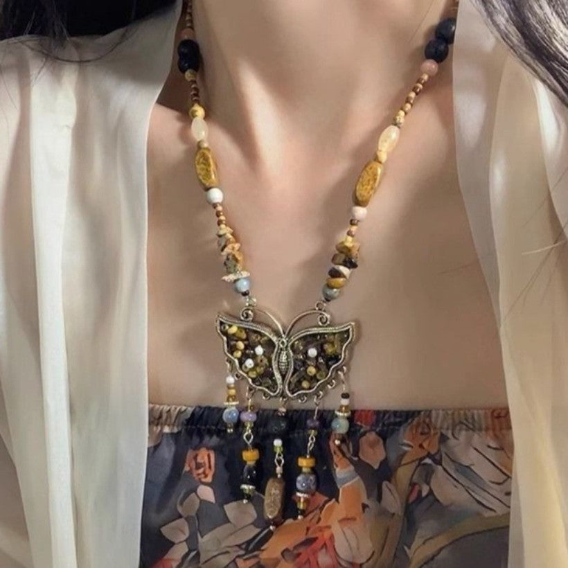 Natural Stone Butterfly Necklace Bohemian Retro Chinese Style Women Handmade