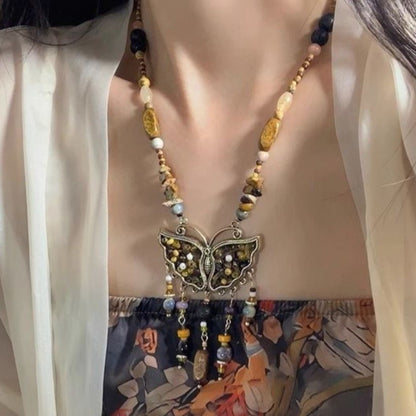 Natural Stone Butterfly Necklace Bohemian Retro Chinese Style Women Handmade