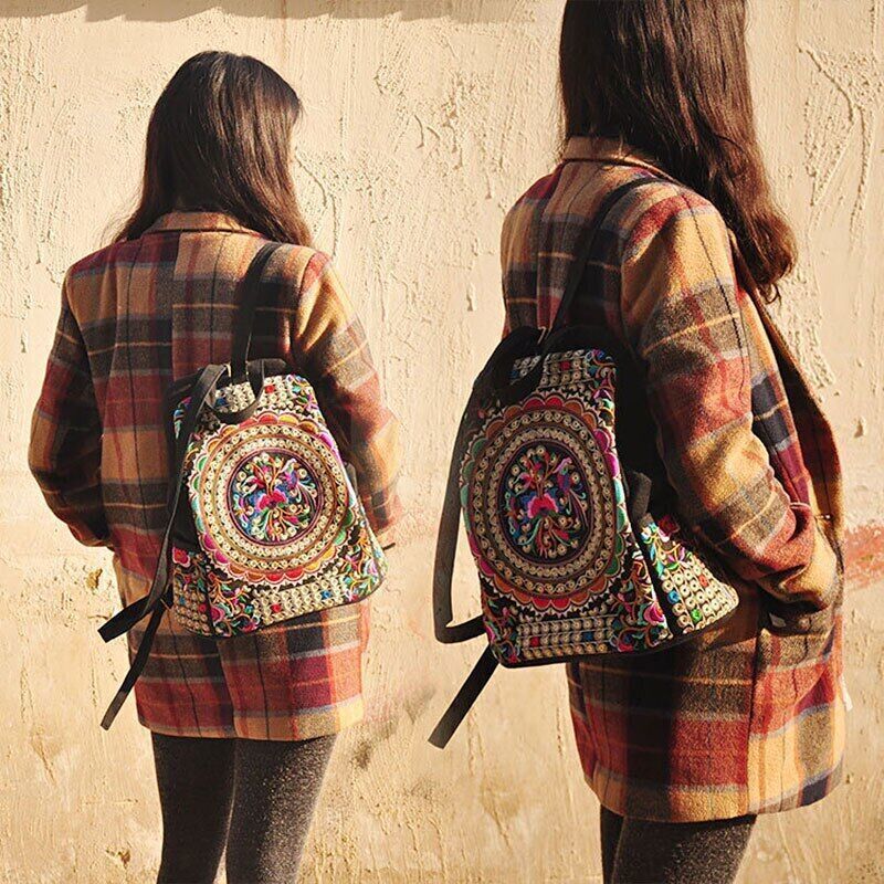 Women Canvas Backpacks Handmade Floral Embroidery Schoolbag Denim Travel Bags