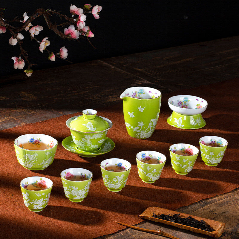 Chinese Tea Set Porcelain Tea Pot Floral Print Gaiwan Cup Pitcher Strainer New