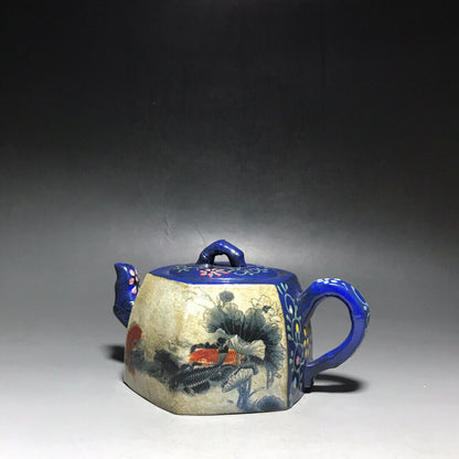 Chinese Yixing Zisha Clay Handmade Exquisite Teapot（六方莲年有鱼 底款：杨鹏年）