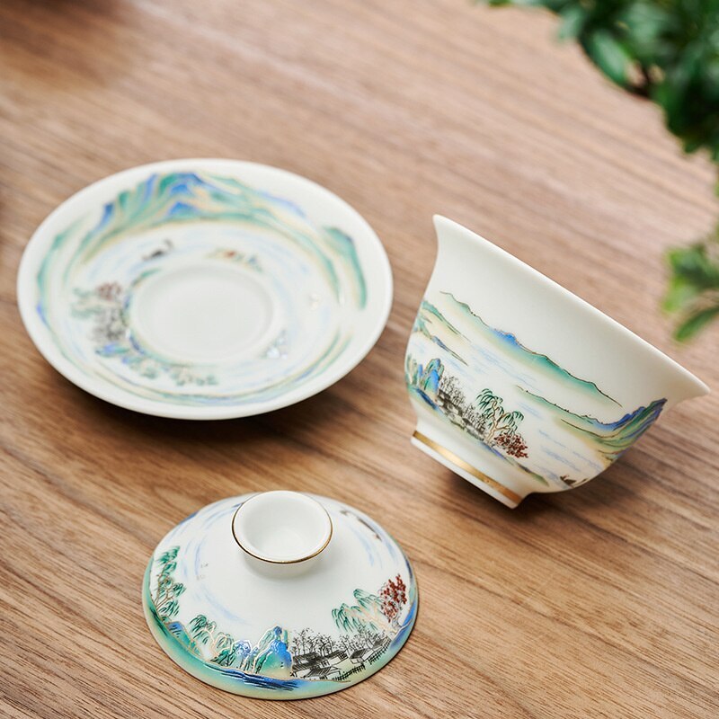 Chinese 180ml Jingdezhen Landscape Ceramic Gaiwan Cup Hand-painted Tea Tureen