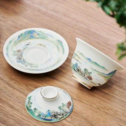 Chinese 180ml Jingdezhen Landscape Ceramic Gaiwan Cup Hand-painted Tea Tureen