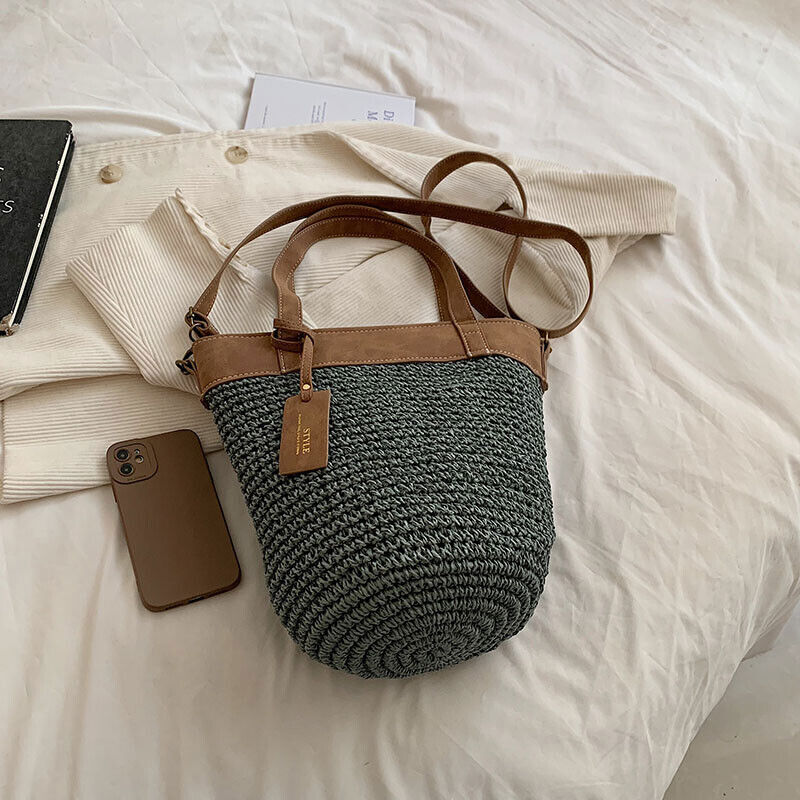 Women Zipper Weave Bag Travel Beach Bags Handmade Lady Crossbody Bag Handle
