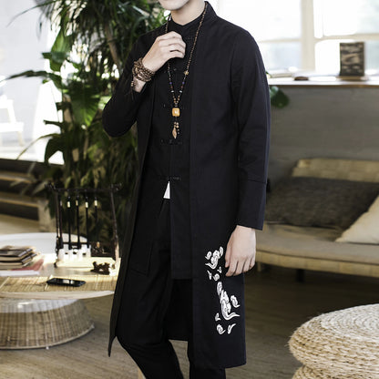 Coat Men Cardigan Coat Male Long Chinese Style Black Loose Linen Jacket