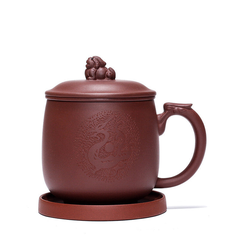 True Yixing Zisha Office Cup Marked Infuser Cup Mat Lid Handmade Tea Cup 430ml