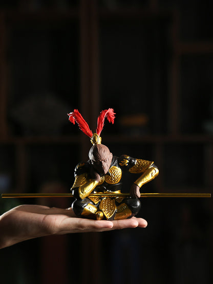 4.53" Monkey King Statue Creative Home Table Decoration Yixing Zisha Tea Pet