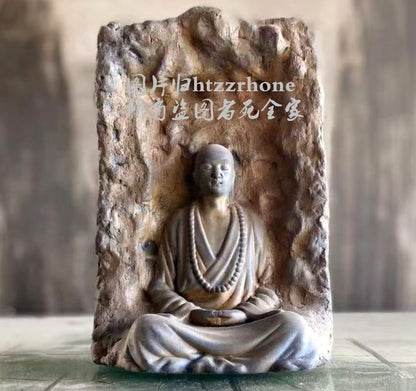 Old Stone Carved Meditation Monk Statue Zen Religious Belief Shrine Home Decor