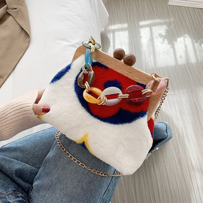 Winter Plush Shoulder Bag Wooden Clip Purse Handbags Crossbody Bag Chain Satchel