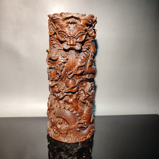 7"dragon statue desk study room chinese wood brush pot wooden decor carving home