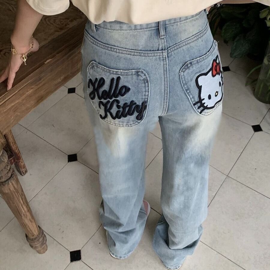 Hellokitty Embroidered Jeans Women's High Waist Loose Straight Pants
