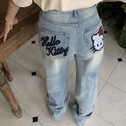 Hellokitty Embroidered Jeans Women's High Waist Loose Straight Pants