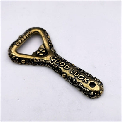 Vintage Brass Beer Bottle Opener Carved Good Luck Copper Opener