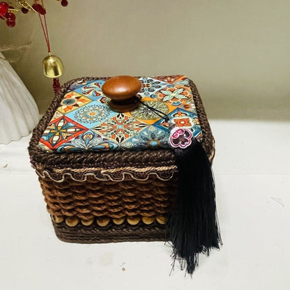 Handwoven Hemp Rope Jewelry Box Vintage Boho Tassel Storage 14×9cm