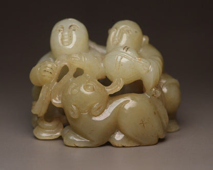 Chinese Antique Hotan Jade Carved Children Beast Statue Sculpture Nice Art Work