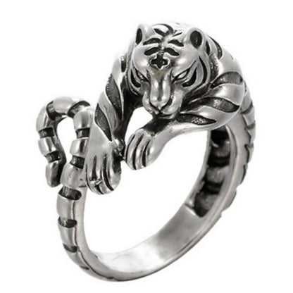 Mens Stainless Steel Sleeping Tiger Open Ring Personalized Vintage Gift