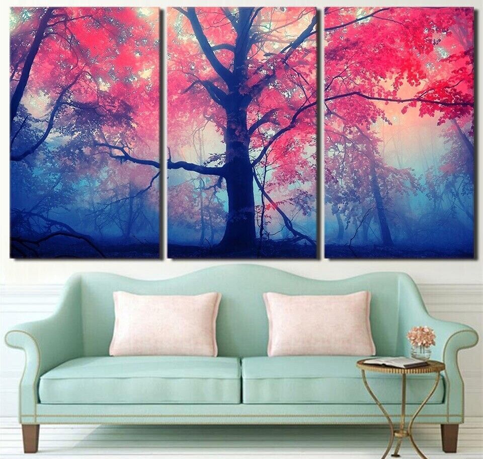 Pink Forest Tree Scenery 3 Pieces Canvas Print Wall Art Poster Home Decor