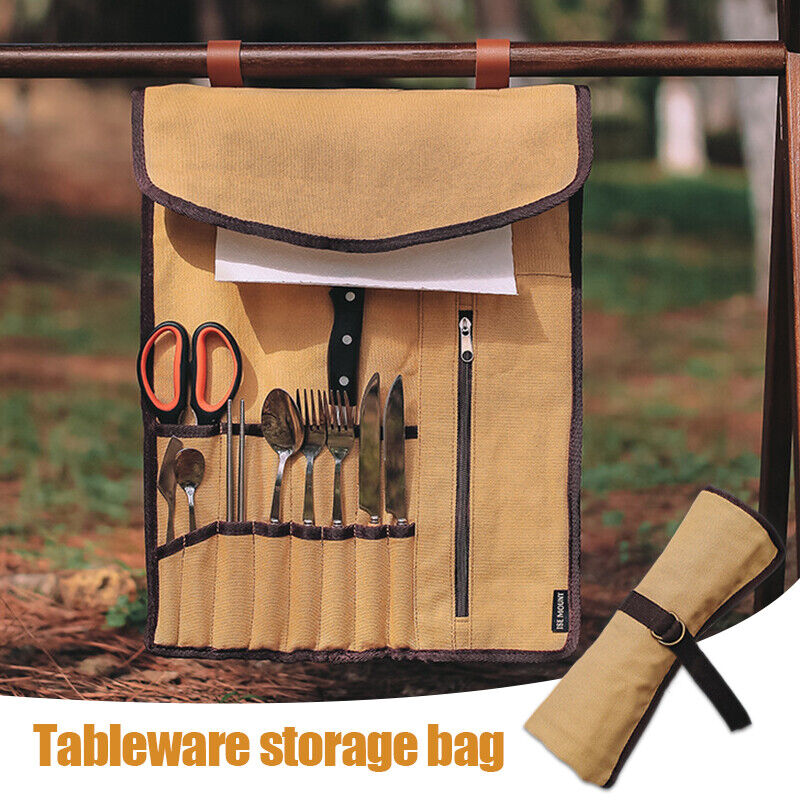 Outdoor Tableware Storage Bag Hanging Roll Bags Camping Picnic Kitchen Canvas