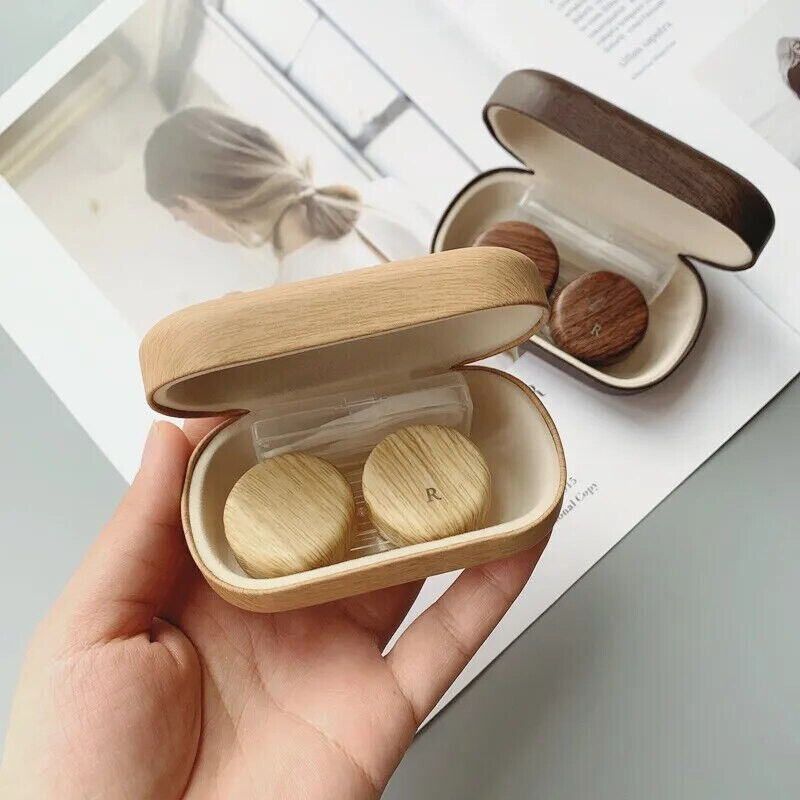 Contact Lens Case Leather Wood Grain Large Leakproof Storage Boxes 9.2x5.4x3.2cm